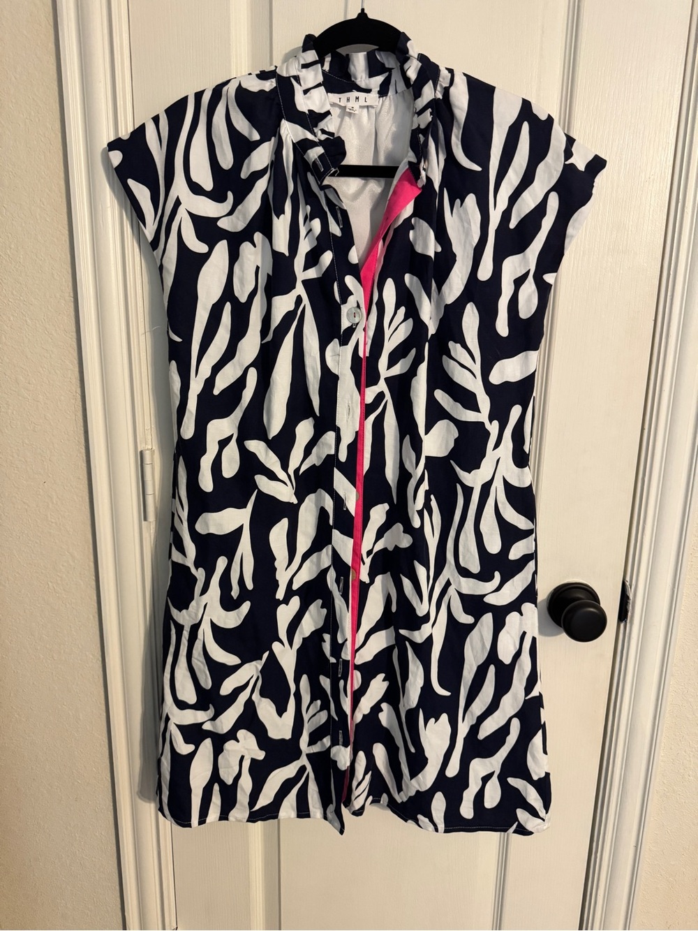 THML Navy and White Abstract Print Dress with Pink Trim